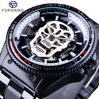 Forsining Sport Series Steampunk Skull Design Black Stainless Steel Luminous Skeleton Watch Mens Automatic Watches Top