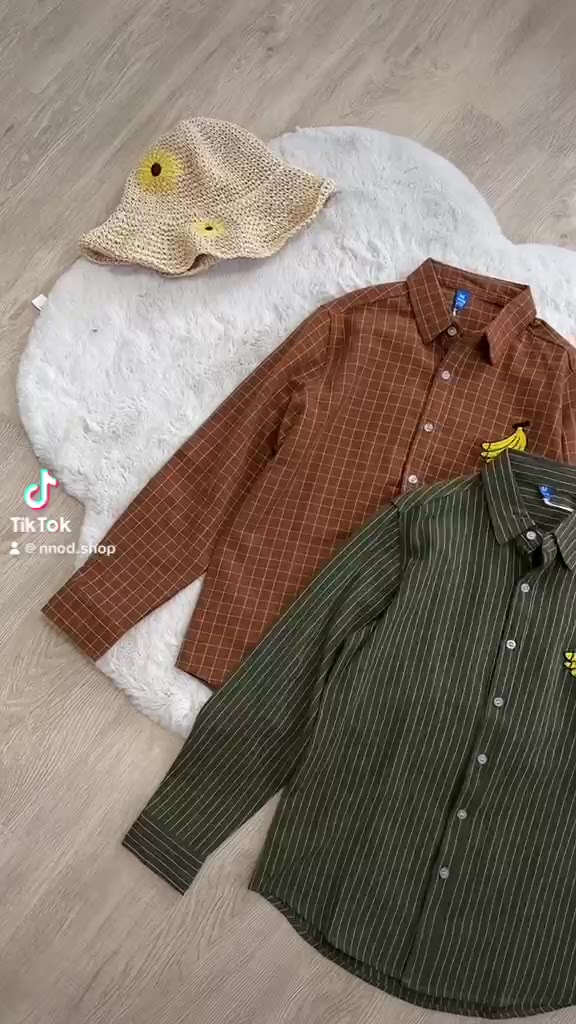 พร้อมส่ง-เสื้อเชิ้ตปักกล้วยผ้าดี-ลายทาง-ลายตาราง-สไตล์เกาหลี-น้ำตาล-เขียว