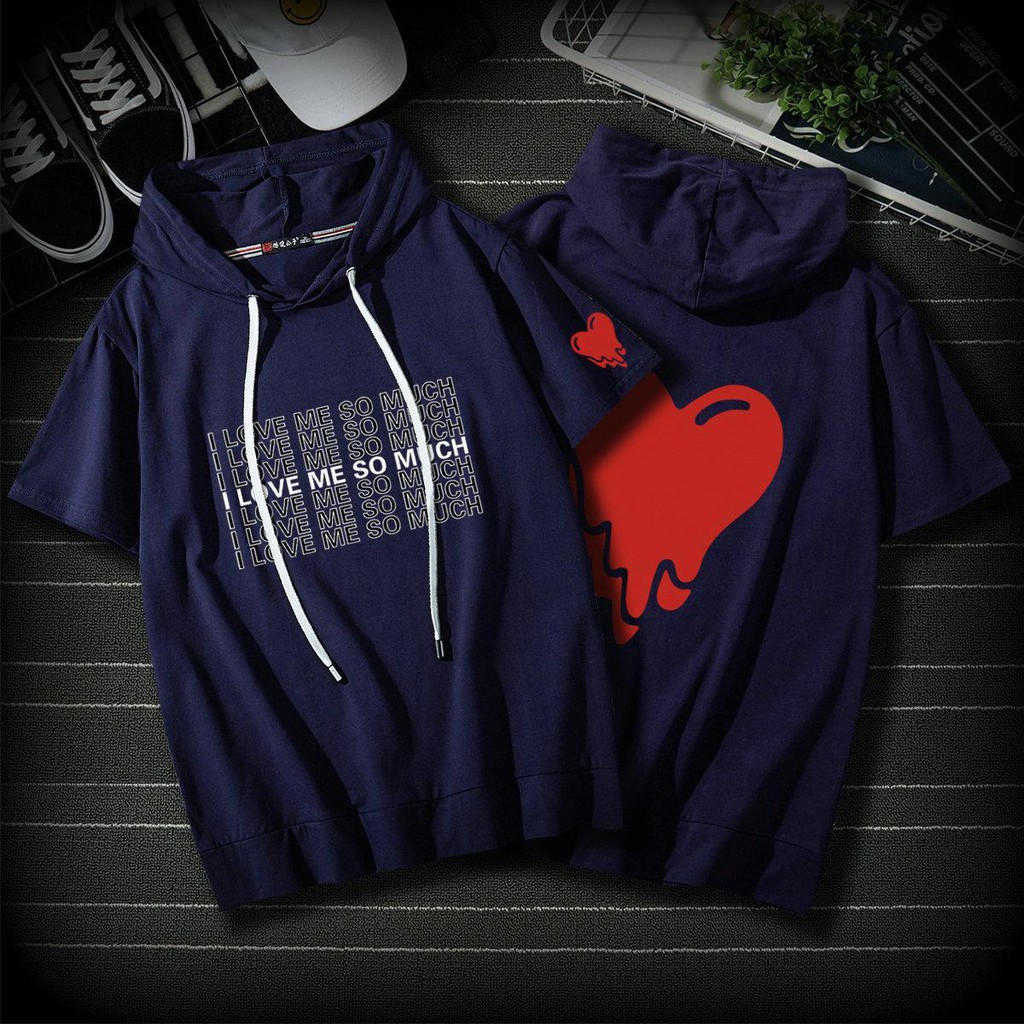 เสื้อมีฮู้ดแขนสั้นผู้ชาย-เสื้อฮู้ดพิมพ์ลายตัวหลวม-เสื้อยืดแขนสั้นผู้ชาย