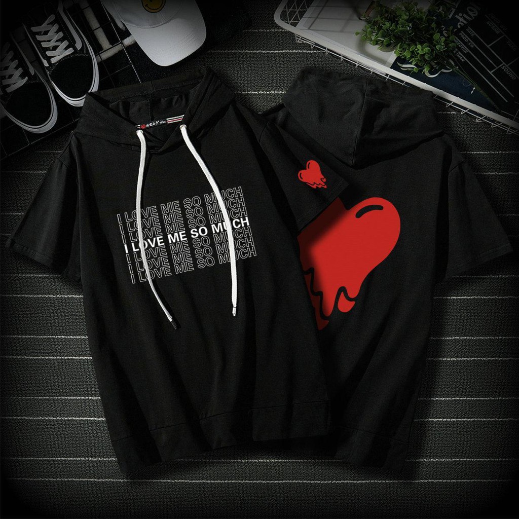 เสื้อมีฮู้ดแขนสั้นผู้ชาย-เสื้อฮู้ดพิมพ์ลายตัวหลวม-เสื้อยืดแขนสั้นผู้ชาย
