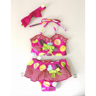 ชุดว่ายน้ำเด็กผู้หญิง ลายบอลลูนหลากสี-เสื้อผูกคอ-กางเกงและที่คาดหัว size12-18-24-36เดือน
