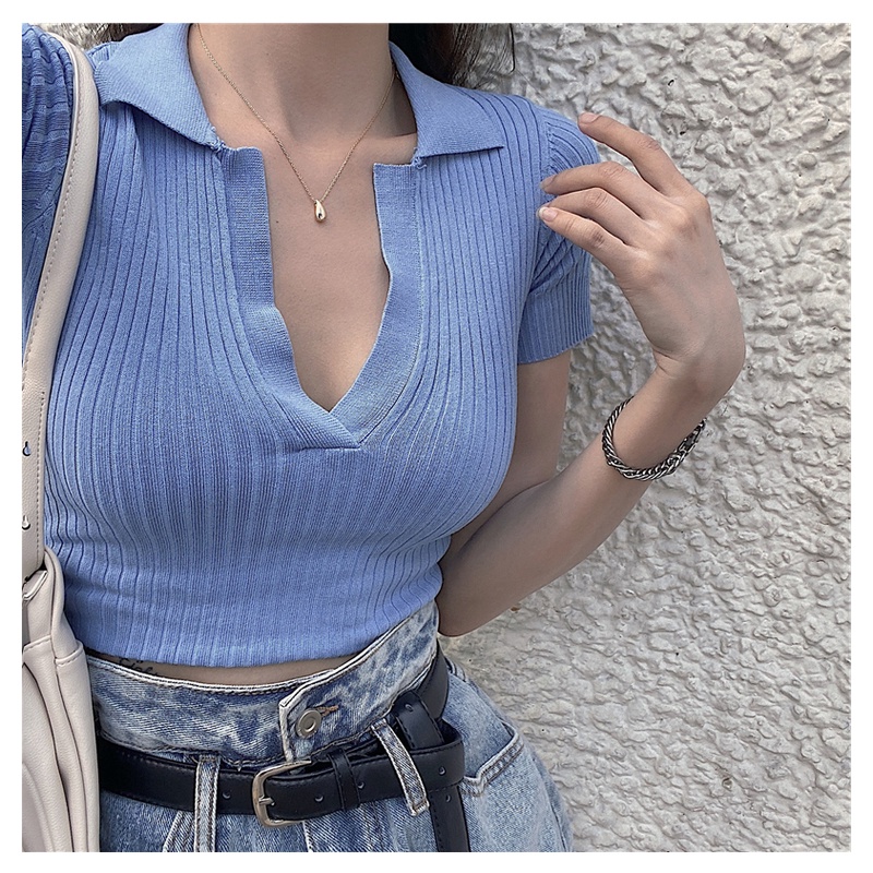 anna-3008เสื้อครอปผู้หญิง-เสื้อครอปครึ่งตัว-อกv-น่ารักมากอผ้าคัตตอน-crop-top-เสื้อครอปแขนสั้น