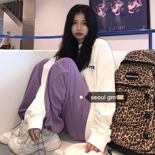 🔥Hot sale~ SEOUL สไตล์เกาหลีย้อนยุคเก๋ไก๋สไตล์วิทยาลัยสไตล์ตะวันตกลดอายุนางฟ้าสีม่วงกีฬาหลวมทุกแมทช์กางเกงเลคกิ้งลำลอง