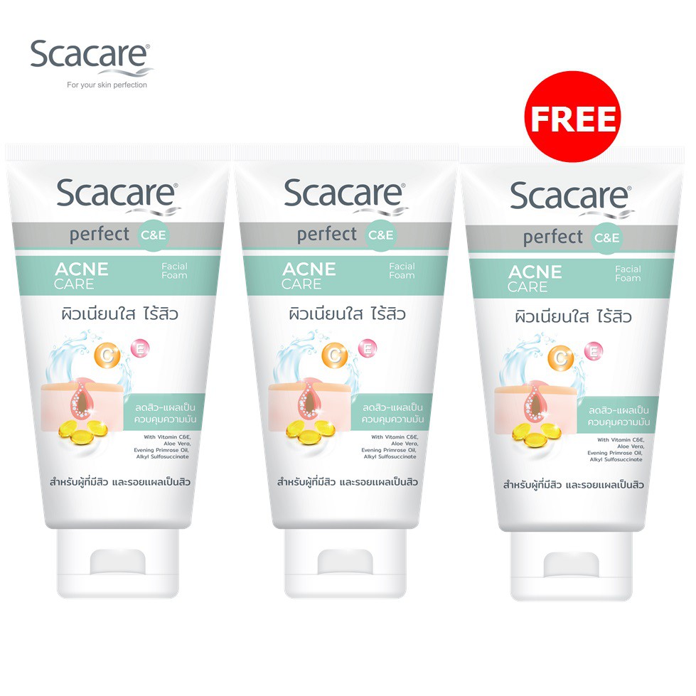 scacare-สกาแคร์-โฟมล้างหน้า-แอคเน่แคร์-100-ก-2-หลอด-ฟรี-1หลอด-สำหรับผู้ที่มีสิว-และรอยแผลเป็นสิว-acne-care-facial-foam