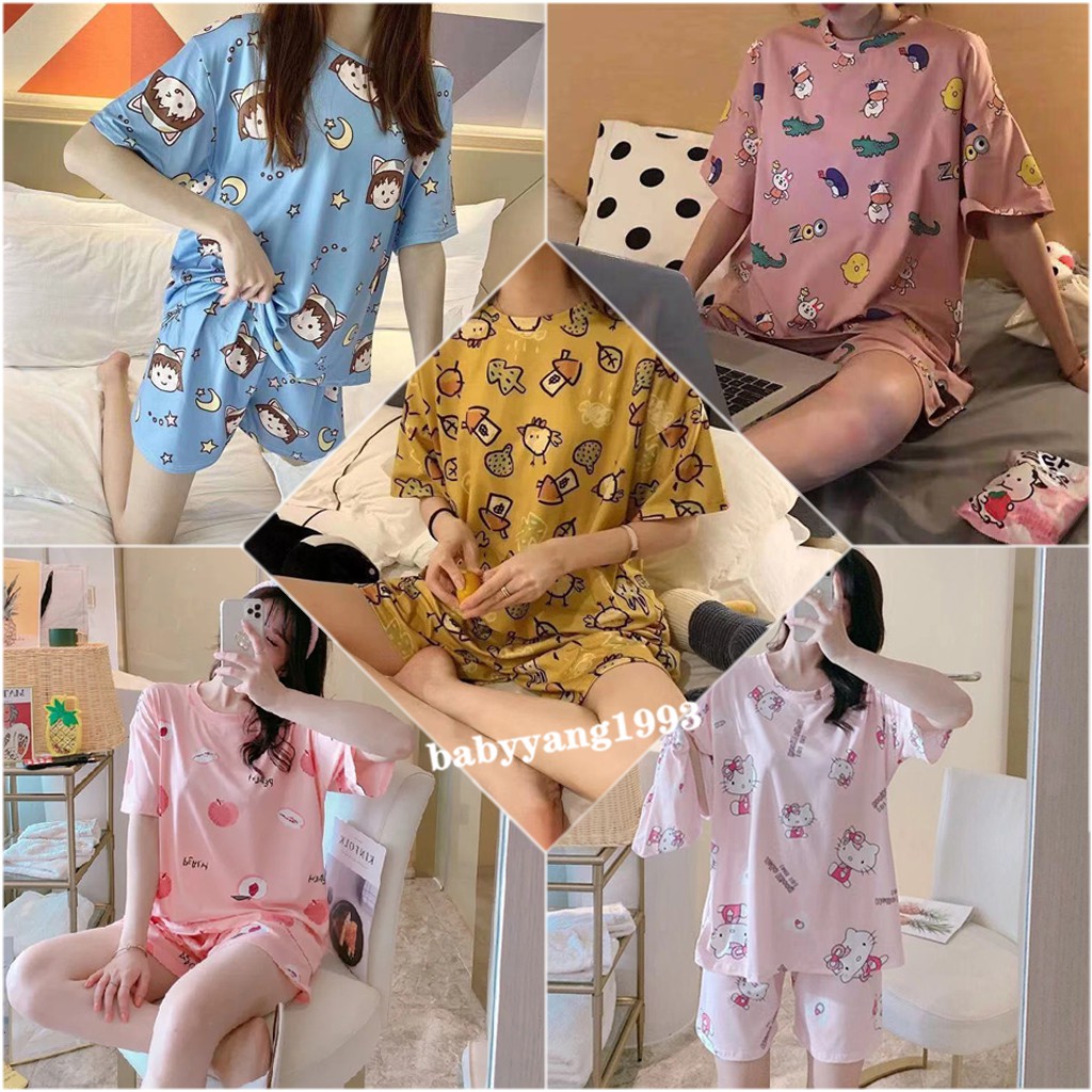ลายการ์ตูนน่ารักพลัสไซส์แขนสั้นชุดนอนหลวมบริการถึงบ้านcartoon-pattern-cute-pajamas-set-home-service