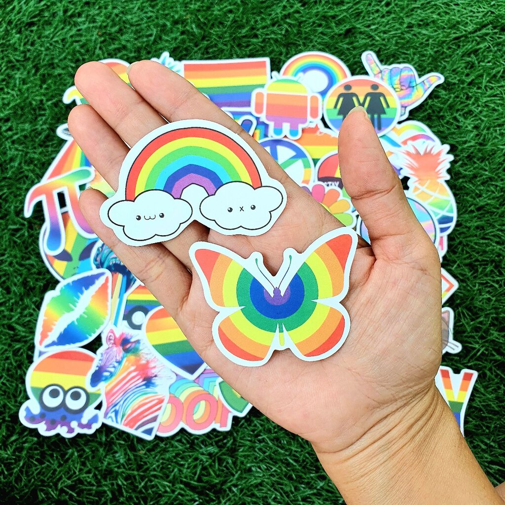 สติ๊กเกอร์-rainbow-lgbt-pride-สีรุ้ง-ติดแน่น-กันน้ำ-ติดกระเป๋า-สเก็ตบอร์ต-50-ชิ้น-sticker