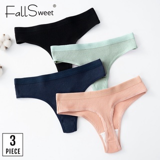 Fallsweet 3pcs Thong กางเกงชั้นในผู้หญิง  G-string บิกีนี่ กางเกงใน กางเกงชั้นในจีสตริง กางเกงชั้นในจีสตริง ผ้าฝ้าย เอวต่ํา ระบายอากาศ ใส่สบาย เซ็กซี่ สําหรับผู้หญิง