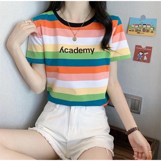 New!! เสื้อยืดแฟชั่นผู้หญิงเกาหลี ลายริ้ว น่ารัก แนวหวานสดวัยรุ่นใส่น่ารักมาก คอกลมแขนสั้น เนื้อผ้าดีใส่สบาย
