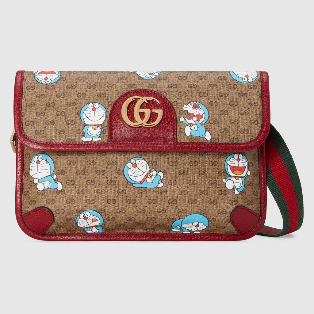 Authenticated used Gucci Guccidoraemon Doraemon GG Supreme Shoulder Bag 574886 Beige Red, Adult Unisex, Size: (HxWxD): 15cm x 25cm x 7cm / 5.9'' x