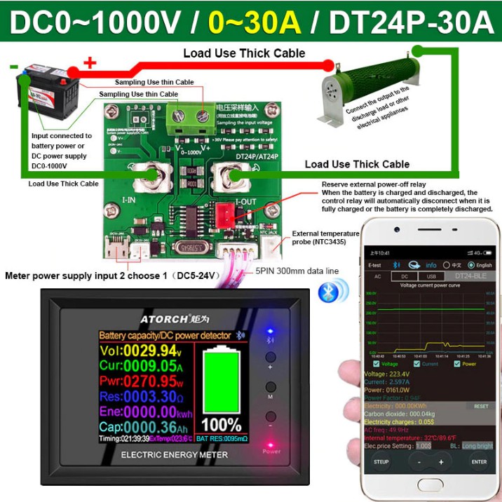 เครื่องวัดไฟฟ้า DT24P 1000V/30A HD IPS Bluetooth Digital display DC ...
