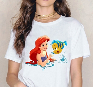เสื้อยืด Mermaid Print Womens T-shirt Harajuku Kawaii Clown Fish Short Sleeve T-shirt Fashion Cute Sweet Womens