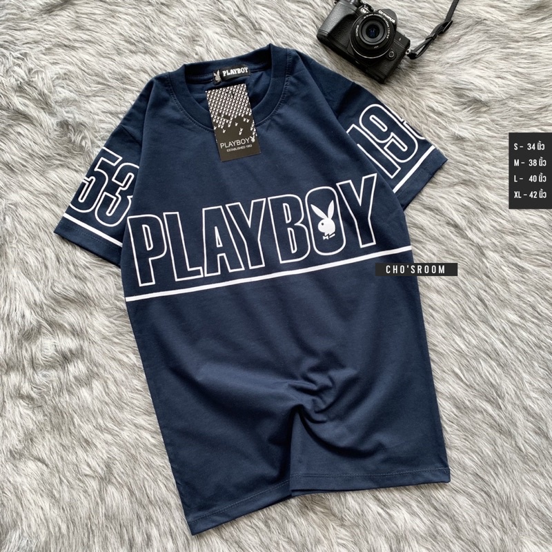 playboy-เสื้อยืดสกรีนเพลบอย-งานสกรีนช่วงลำตัวแน่นๆ-ผ้าคอตตอนล้วน-ผ้านิ่ม-ใส่สบาย-เสื้อยืดทรงตรง-ใส่ได้ชาย-หญิง