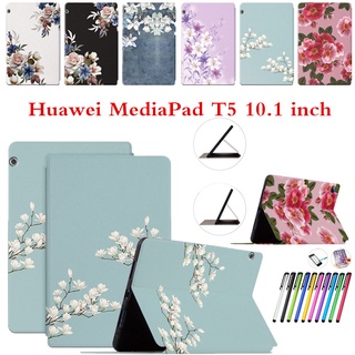 เคสหนัง PU ฝาพับ ลายดอกไม้ สําหรับ Huawei MediaPad T5 10.1 นิ้ว