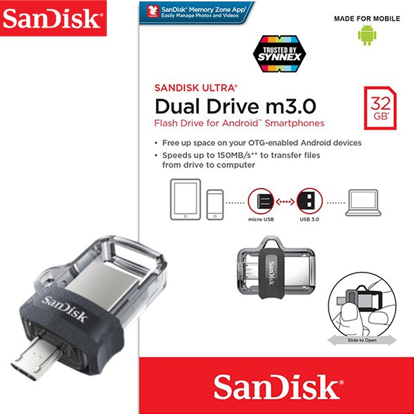 ภาพสินค้าSanDisk Ultra Dual Drive m3.0 32GB (SDDD3_032G_G46) OTG แฟลชไดร์ฟ สำหรับ สมาร์ทโฟน แท็บเล็ต Android ประกัน Synnex 5ปี จากร้าน sjcam_officialstore บน Shopee ภาพที่ 1