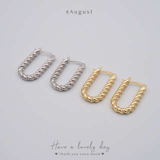 8August ต่างหูเงินแท้ ต่างหูห่วง ลายเกลียวเชือก เรียบ หรู Hoop Earrings S925 (A2)