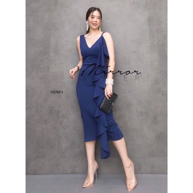 pe11576-dress-เดรสแขนกุดสายเดี่ยว-1-ข้าง-ผ้าซาร่าเงา-แต่งระบายคลีบปลาย้วยๆ-ดูมีเทคเจอร์-สวยมีซิปหลัง