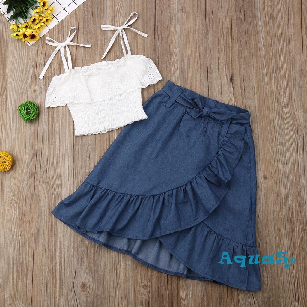 SL-Summer Kids Baby Girls Princess Lace Princess Sling Ruffle Denim Set 2pcs