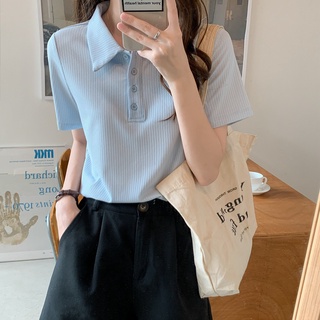 เสื้อยืดโปโล แขนห้าส่วน สีพื้น เข้ากับทุกการแต่งกาย สไตล์เกาหลีตะวันตก แฟชั่นฤดูร้อน สําหรับผู้หญิง