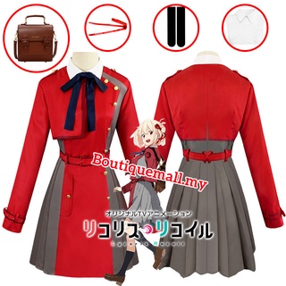 Chisato Nishikigi ชุดคอสเพลย์ อะนิเมะ Lycoris Recoil ชุดเดรสสีแดง กระเป๋าเป้สะพายหลัง เครื่องแบบผม โบว์ เสื้อ ถุงน่องผู้หญิง