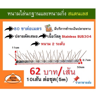 หนามกันนก หนามไล่นก หนามกันนกชนิดสเเตนเลสล้วน 100 %  bird spike ชนิด 80 ขา ชุด จำนวน 5 เมตร **ราคา 62บาท ต่อเส้น*