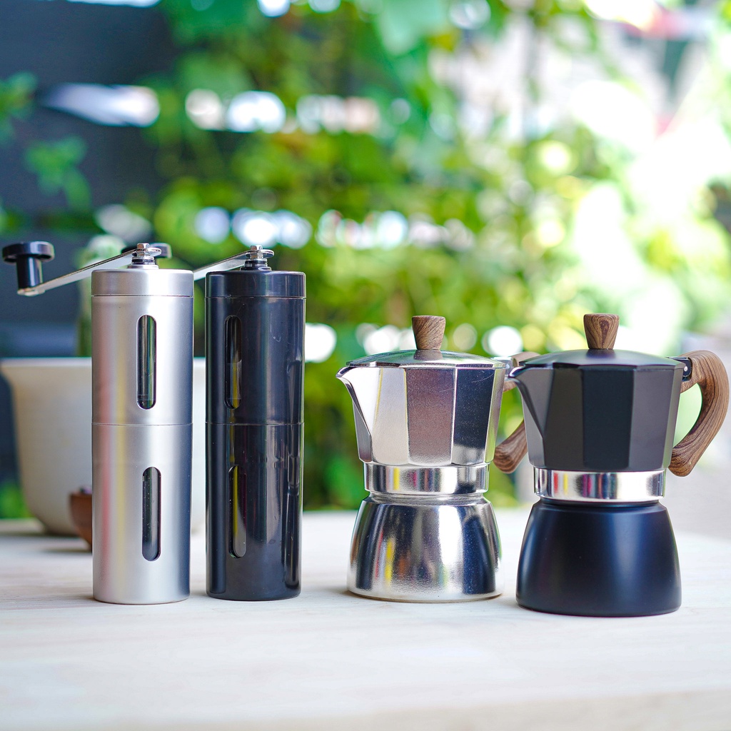 ชุดหม้อต้มกาแฟสด-มอคค่าพอท-moka-pot-3cup-เครื่องบดมือหมุน