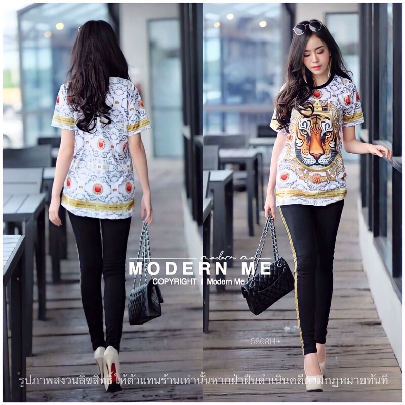 tw5868-tiger-king-new-set-set-2-ชิ้น-เสื้อคอกลม-แขนสั้น-เนื้อผ้ายืดวอม-แมทช์-กางเกงเลกิ้งเนื้อหนาแต่งแถบทอง-เอวสม็อค