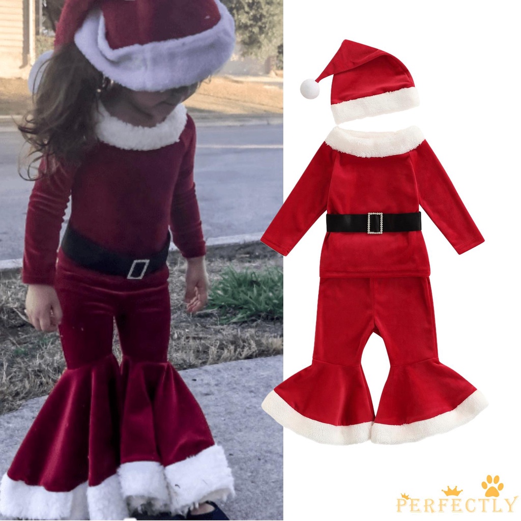 ภาพหน้าปกสินค้าPft7-ชุดคริสต์มาสเสื้อแขนยาว + กางเกงขายาว + หมวกซานตาสําหรับเด็กผู้หญิง