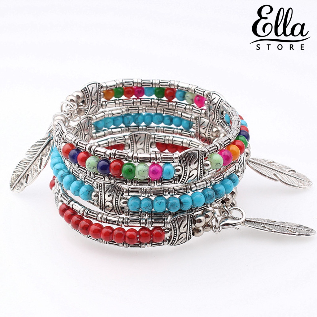 ellastore123-สร้อยข้อมือ-กําไลข้อมืออัลลอย-รูปขนนก-สีเขียวขุ่น-สามชั้น-ของขวัญ-สําหรับผู้หญิง