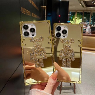 OPPO A57 K9X K9S A5 A3S Find X2 X3 pro Find X5 pro Square Fashion Mirror Storm Bear Gold Mirror Rhinestone Phone Case