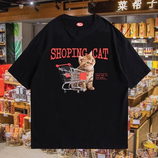 (🔥พร้อมส่ง🔥) เสื้อ SHOPPING CAT  ผ้าCotton 100% มีสองสี ทั้งทรงปกติและ OVERSIZE แนวโน้ม