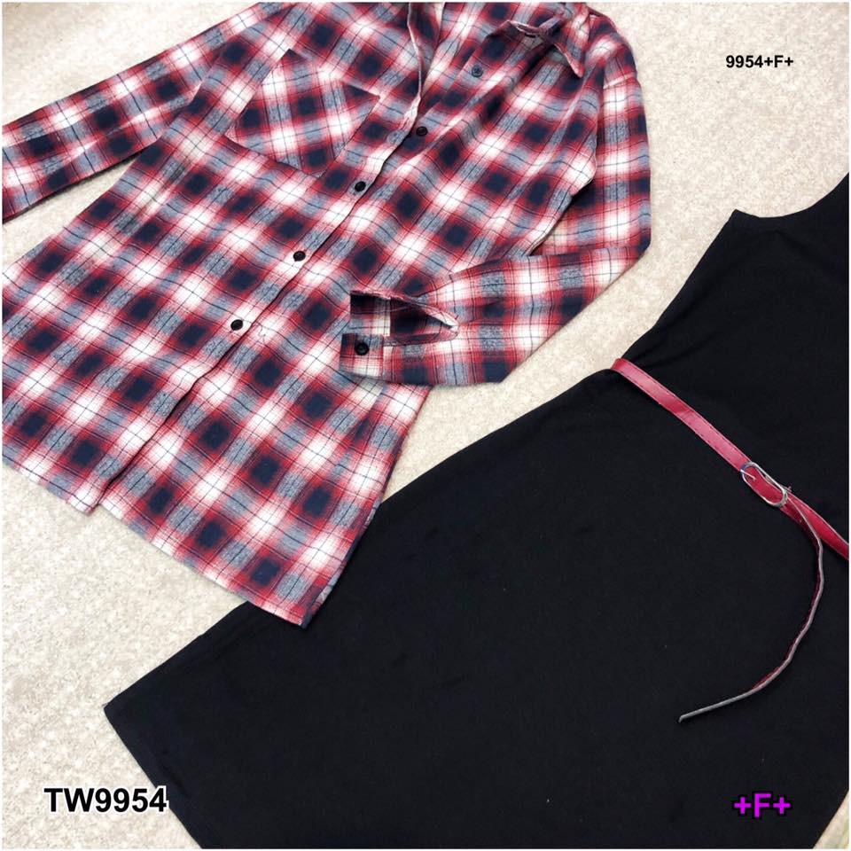 เดรสแขนกุด-เข็มขัดหนังเทียม-เสื้อเขิ้ตลายสก็อต-tw9954