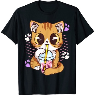 เสื้อยืดโอเวอร์ไซส์เสื้อยืด พิมพ์ลายการ์ตูนแมวน่ารัก Kawaii Cat Boba Bubble Milk Tea Neko KittenS-3XL