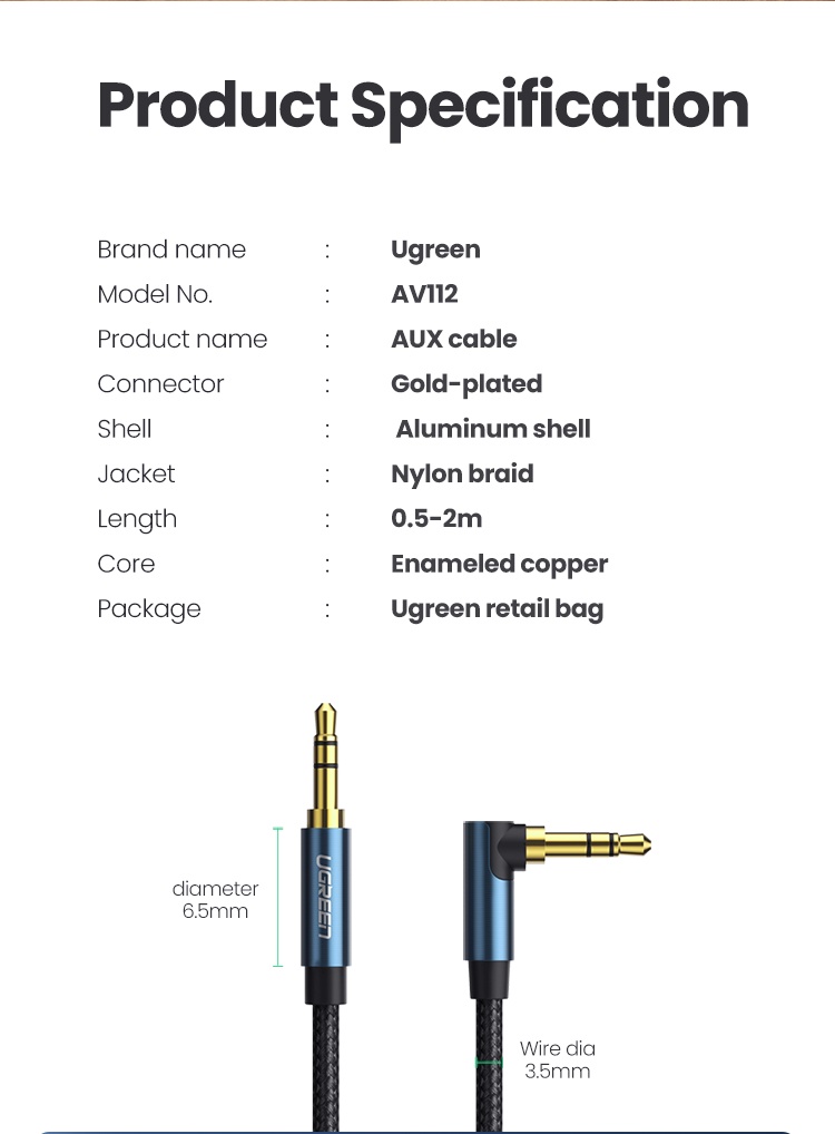 มุมมองเพิ่มเติมเกี่ยวกับ UGREEN สายเคเบิลเชื่อมต่อสัญญาณเสียง Aux แจ็ค ขนาด 3.5 มม.