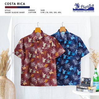 [ใหม่] เสื้อเชิ้ตแขนสั้น ลาย Costa Rica  🏝 ผ้าคอตตอน สี Volcano Red / Ocean Blue ไซส์ S - 4XL