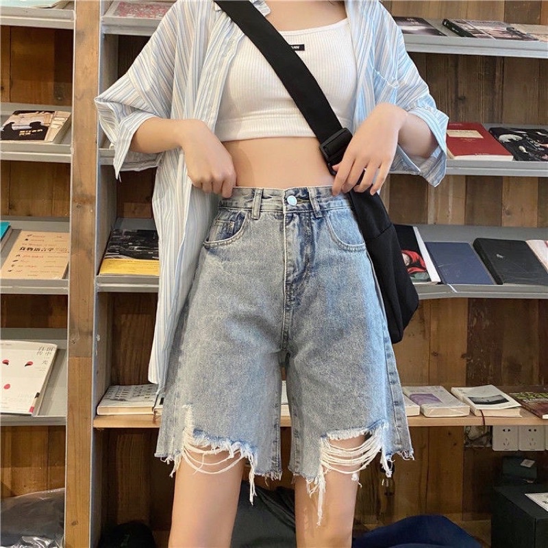 ภาพสินค้าSweet  กางเกงยีนส์ แนวสตรีท สไตล์เกาหลี ผ้ายีนส์แท้  ทรงขากระบอกครึ่งขาตัดแต่งปลาย ก654 จากร้าน sweetshop10 บน Shopee ภาพที่ 4