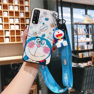 Ready เคสโทรศัพท์ VIVO Y20 Case With Hand Strap + Neck Strap Cute Doraemon Doll Bracket Cartoon Phone Cover 2020 Casing