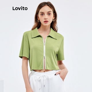 Lovito เสื้อยืดลําลอง คอปก มีซิป สีเขียว L25AD009 (สีเขียว)