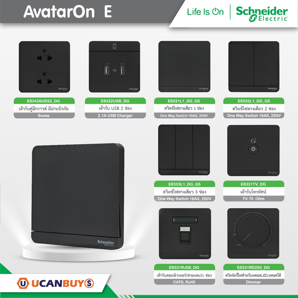 ภาพสินค้าSchneider : ชุดสวิตซ์ทางเดียว 2 ตัว สีดำ รุ่น AvatarOn E, 16AX 250V, 2 Gang 1 Way Switch, Black : E8332L1_DG_G5 จากร้าน ucanbuys บน Shopee ภาพที่ 4