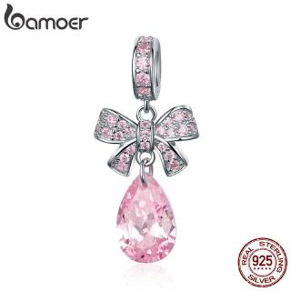 BAMOER 925 Sterling Silver Droplet Shape Pendant Charms Bracelet/Necklace Accessories Pink Bowknot SCC1074