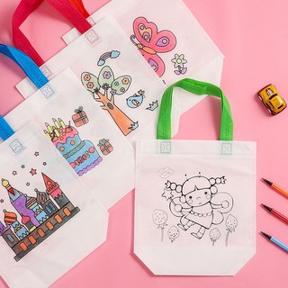 🔥 แถมปากกา 4 เเท่ง กระเป๋า Eco DIY กระเป๋า Doodle กระเป๋าผ้าแคนวาสเพ้นท์มือ DIY doodle Cloth bag for kids BD