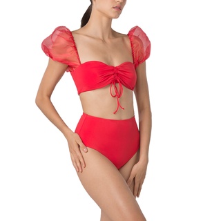 Angelys Balek ชุดว่ายน้ำ  Puff Sleeve Cinch Front Tie Bikini &amp; High Waist Brief Swimsuit  รุ่น SS21SW00108204สีแดง