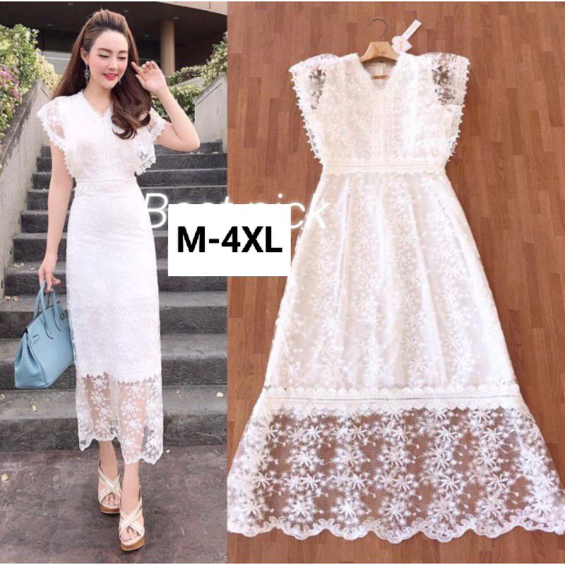 เดรสออกงานมี3สี-m-4xl-maxi-dress-เดรสลูกไม้ขาวแขนระบาย-งานป้าย-love-love