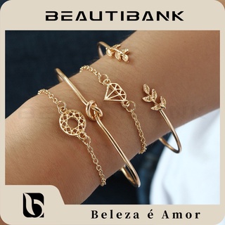 Beautibank วินเทจใบผูกปมสร้อยข้อมือเพชรกลวงสร้อยข้อมือชุดรวมกัน
