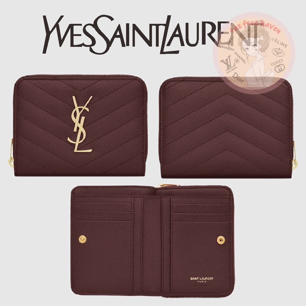 ราคาต่ำสุดของ-shopee-ของแท้-100-ysl-yves-saint-laurent-ใหม่เอี่ยม-monogram-กระเป๋าสตางค์หนังสั้นแบบมีซิปสีแดงเข้ม