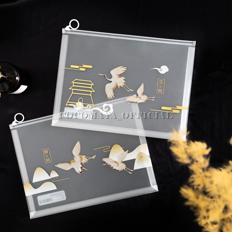 พร้อมส่ง-ซิปแฟ้มซองกระดุมใส่งานและเอกสาร-ลายนกกระเรียน-crane-zip-folder