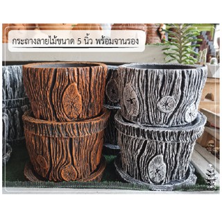 กระถางปูนลายไม้ ขนาด 5 นิ้ว พร้อมจานรอง มีให้เลือก 2 สี