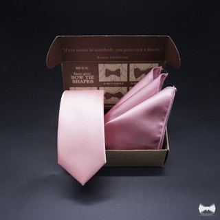 เซ็ทเนคไทชมพูอ่อนทรงสลิม + ผ้าเช็ดหน้าสูทวูล-Slim light pink Necktie+ Wool Pocket square