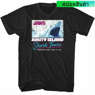 เสื้อยืดผ้าฝ้ายพิมพ์ลายขายดี เสื้อยืด พิมพ์ลาย Jaws Shark Tours Operating 1975 สีนีออน สําหรับผู้ชาย