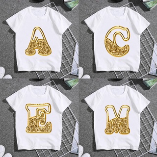 เสื้อยืดเด็กผช - แวววาวตัวอักษรสีทอง A-Z พิมพ์ตัวอักษรเสื้อยืดเด็กชื่อน่ารัก Tshirts ฤดูร้อนเสื้อผ้