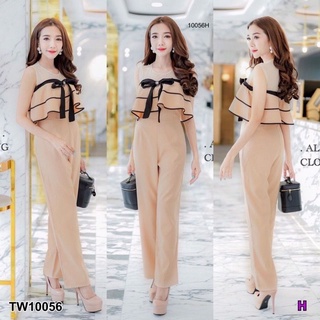 TW10056Jumpsuit จั๊มสูทขายาวเนื้อผ้าซาร่าปักดอกไม้เพชรตรงหน้าอก เย็บผ้าเงาเป็นโบว์ ระบายรอบตัวผ้ามุ้ง